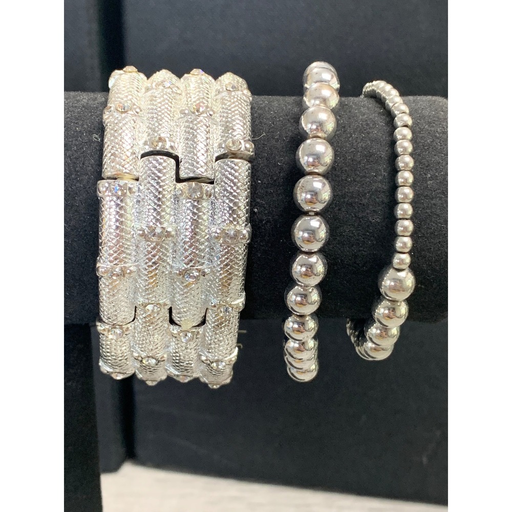 Silver Tone Rhinestone Textured Cuff and Ball Bead Stretch Bracelet Set 3 Piece